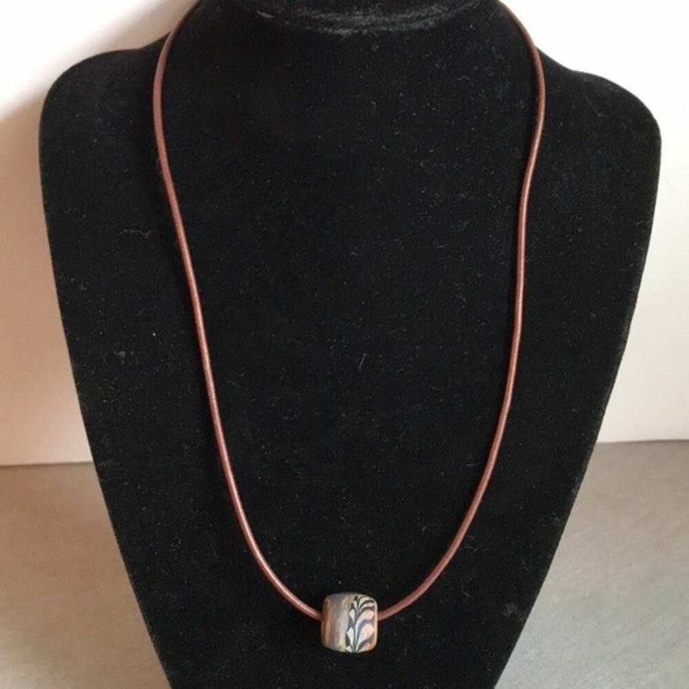 Vintage Hand Crafted Bead Necklace Brown Leather Cord Sterling Silver Clasp